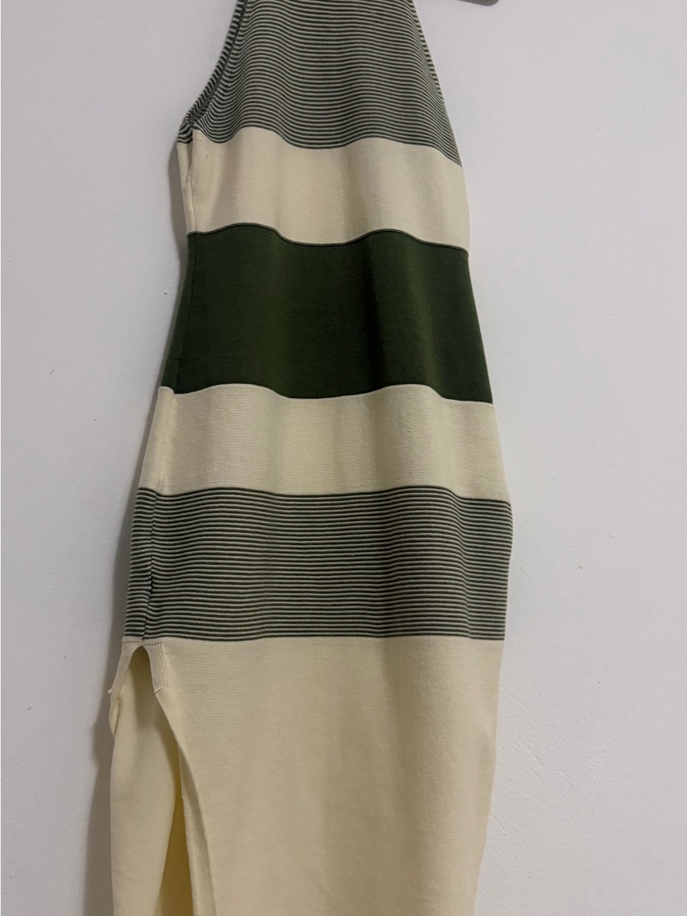 Sleeveless Striped Knit Dress in Olive Green and Cream